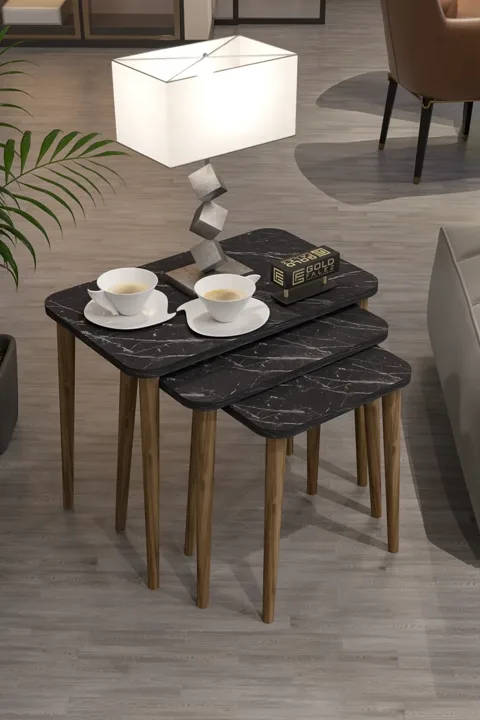 3-Piece Rectangular Nesting Table Set Turned Wooden Legs - Black Marble Effect
