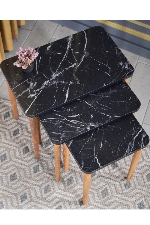 3-Piece Rectangular Nesting Table Set Turned Wooden Legs - Black Marble Effect