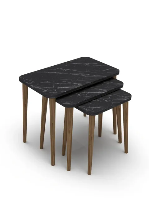 3-Piece Rectangular Nesting Table Set Turned Wooden Legs - Black Marble Effect