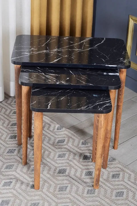 3-Piece Rectangular Nesting Table Set Turned Wooden Legs - Black Marble Effect