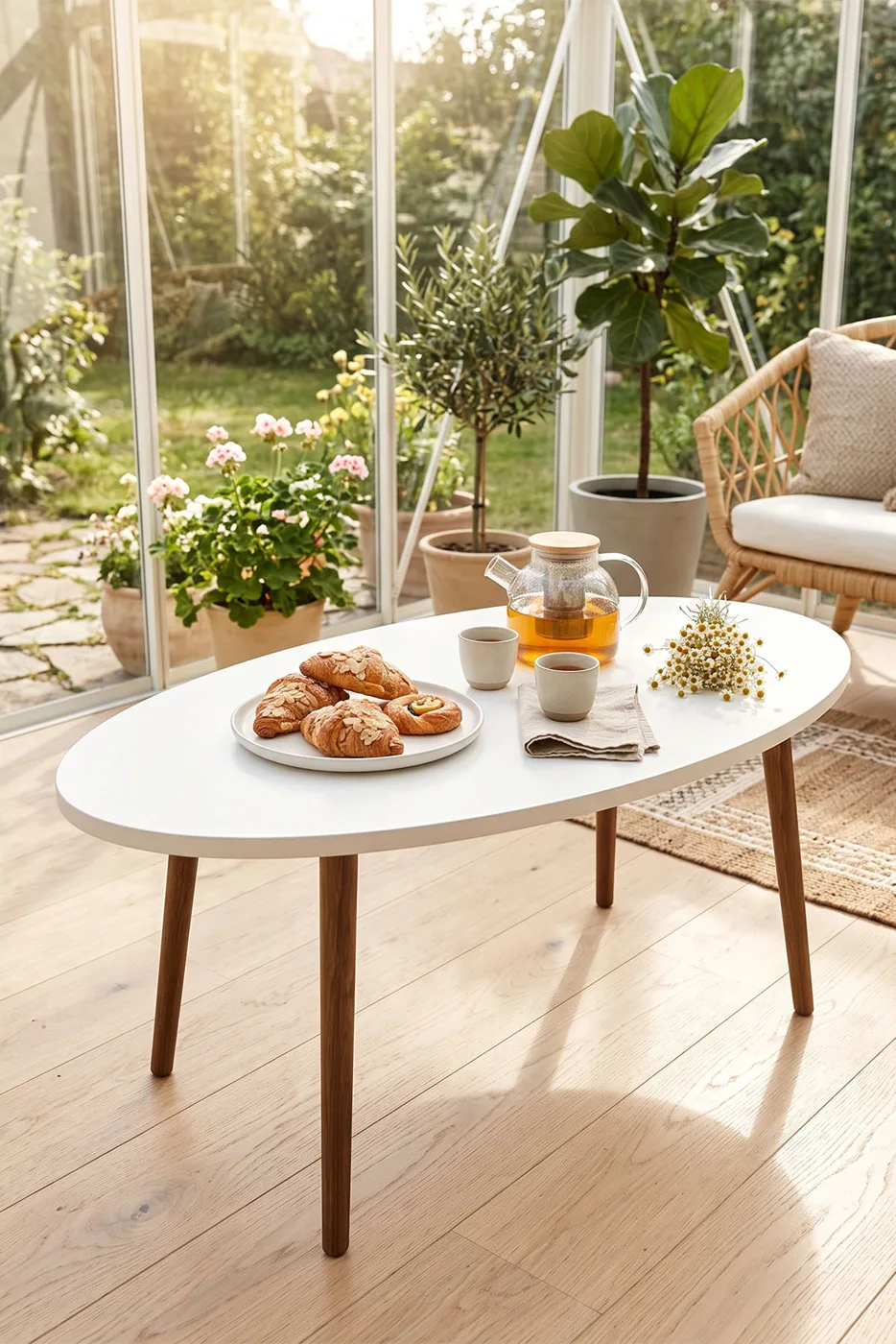 Ovaler Couchtisch mit gedrechselten Holzbeinen - Weiß