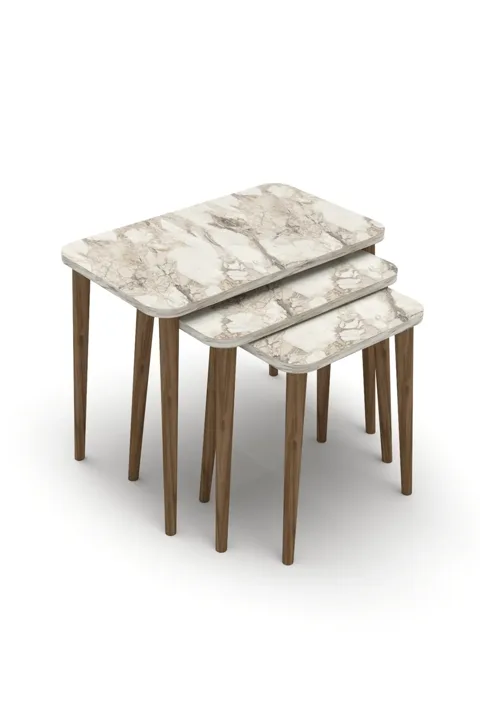 3-Piece Rectangular Nesting Table Set Turned Wooden Legs - White Marble Effect