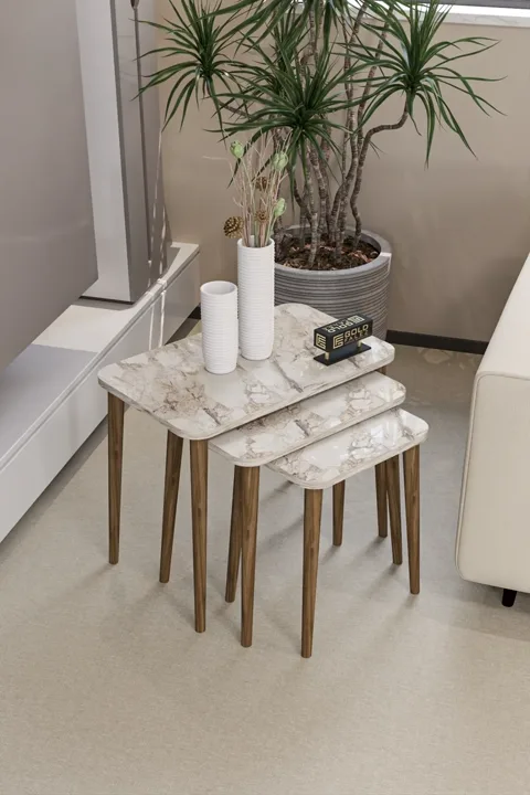 3-Piece Rectangular Nesting Table Set Turned Wooden Legs - White Marble Effect