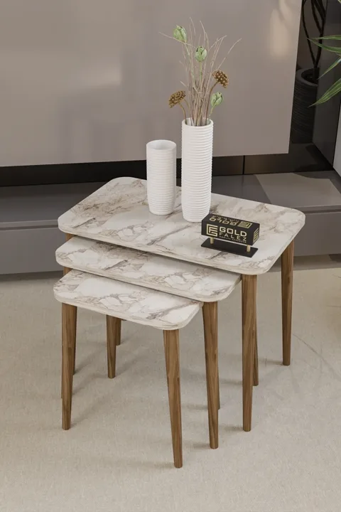 3-Piece Rectangular Nesting Table Set Turned Wooden Legs - White Marble Effect