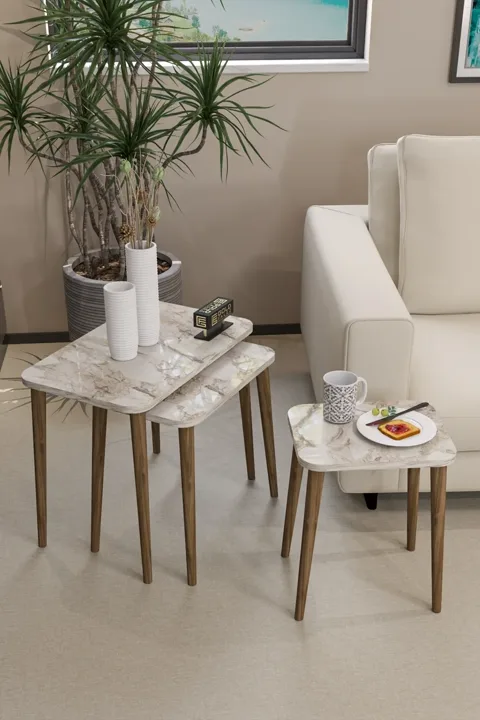 3-Piece Rectangular Nesting Table Set Turned Wooden Legs - White Marble Effect