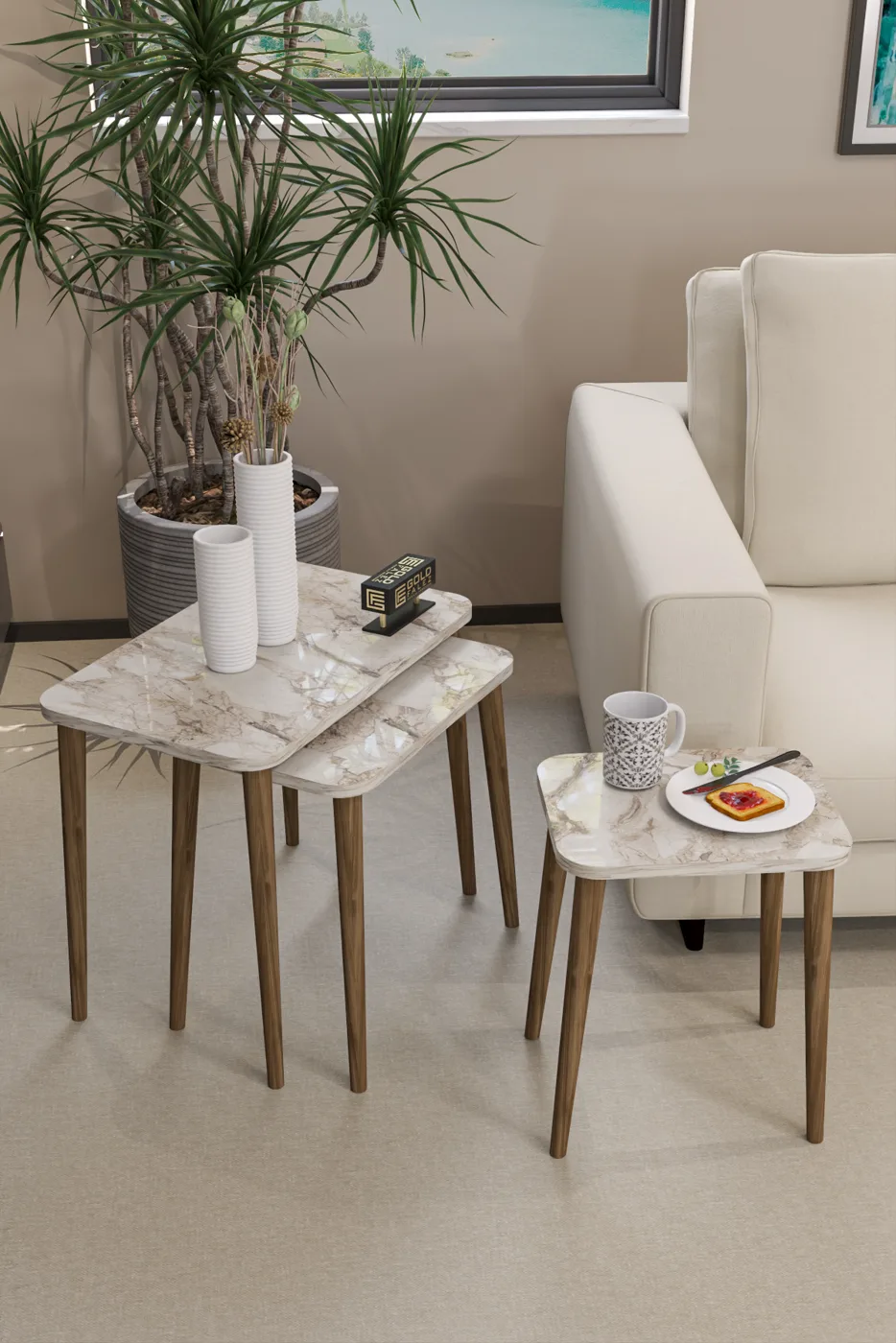 3-Piece Rectangular Nesting Table Set Turned Wooden Legs - White Marble Effect