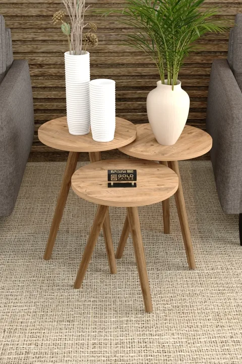 3-Piece Round Nesting Table Set Turned Wooden Legs - Walnut