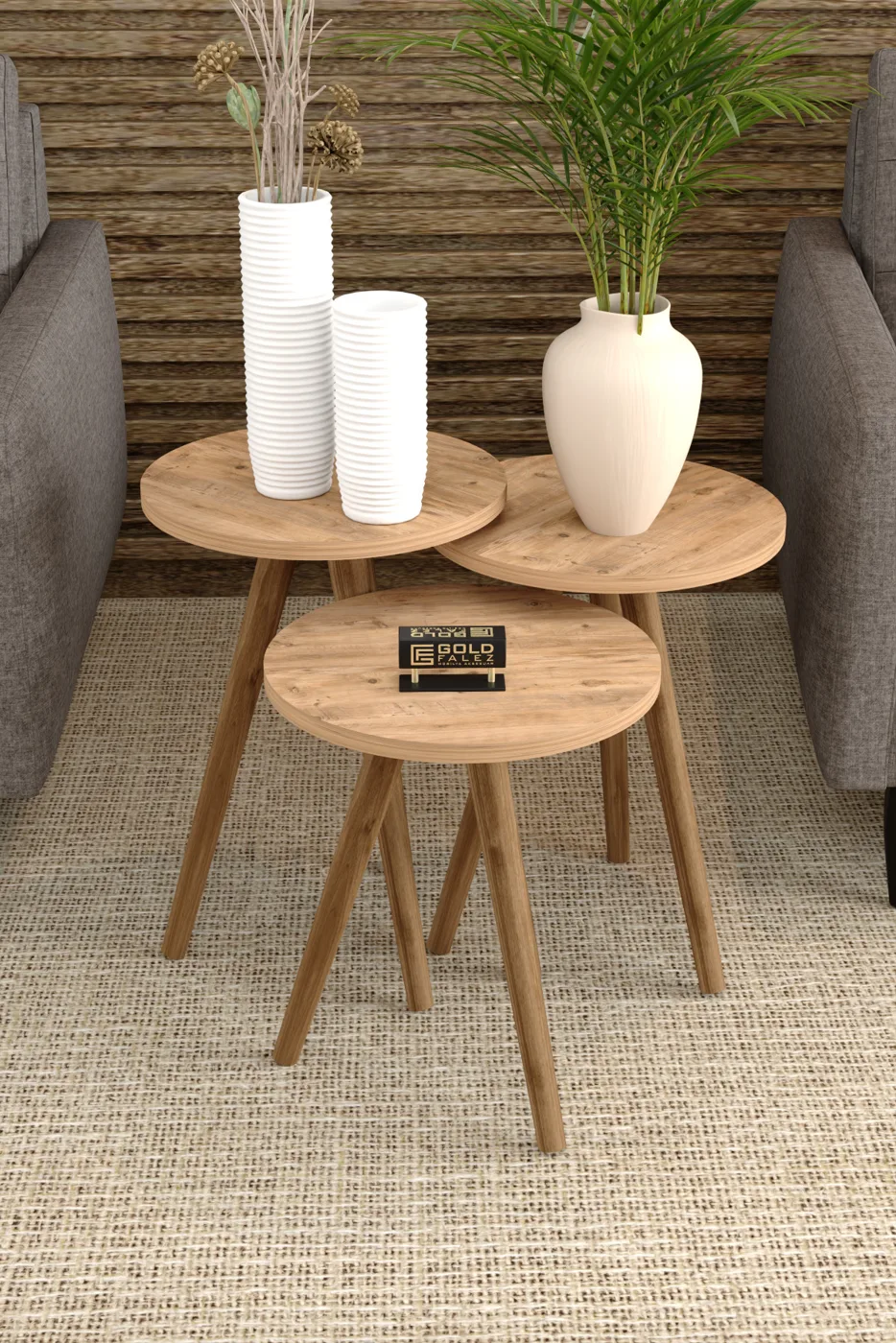 3-Piece Round Nesting Table Set Turned Wooden Legs - Walnut