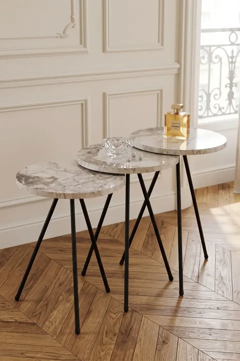 3-Piece Round Nesting Table Set Metal Legs - White Marble Effect