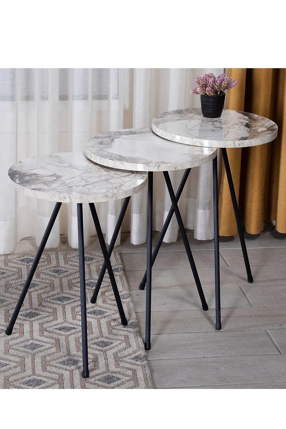 3-Piece Round Nesting Table Set Metal Legs - White Marble Effect