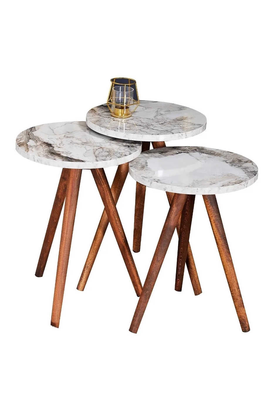 3-Piece Round Nesting Table Set Turned Wooden Legs - White Marble Effect 2