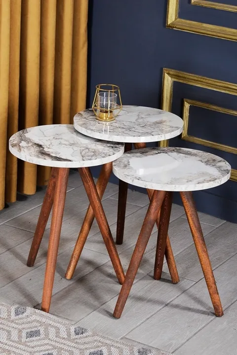 3-Piece Round Nesting Table Set Turned Wooden Legs - White Marble Effect 2