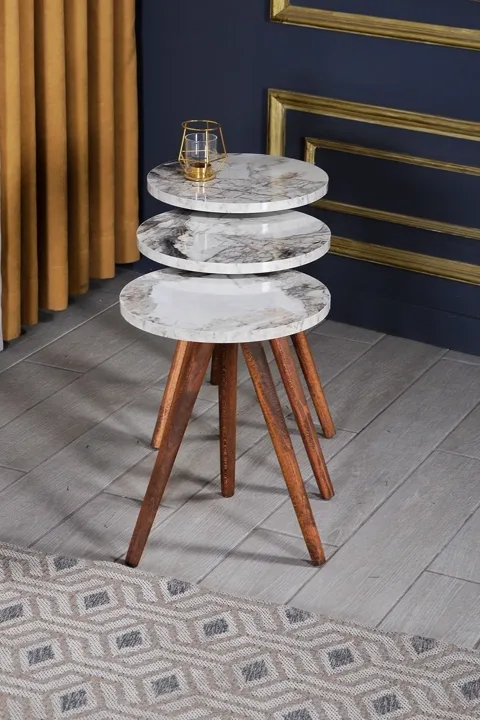 3-Piece Round Nesting Table Set Turned Wooden Legs - White Marble Effect 2