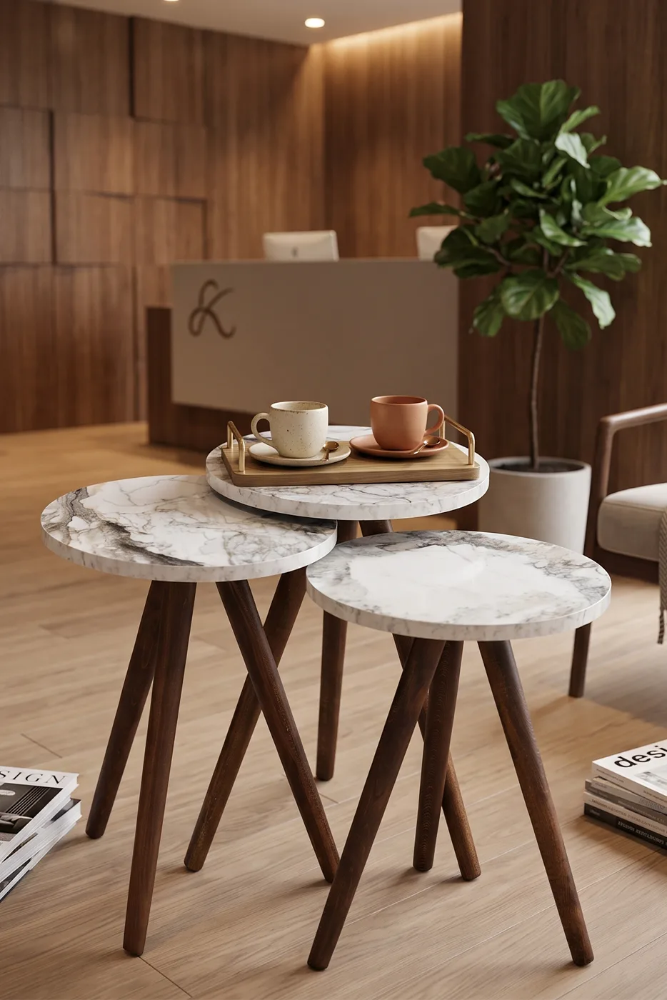 Ensemble de 3 tables gigognes rondes pieds en bois tournés - effet marbre blanc 2