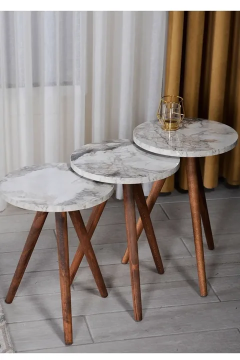 3-Piece Round Nesting Table Set Turned Wooden Legs - White Marble Effect 2