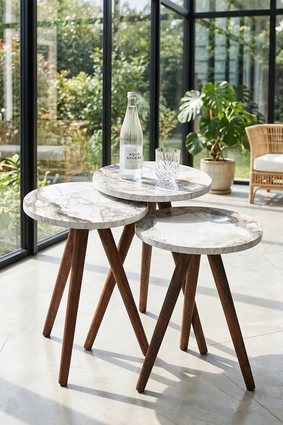 Ensemble de 3 tables gigognes rondes pieds en bois tournés - effet marbre blanc 2