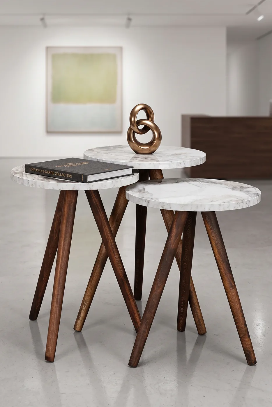 Ensemble de 3 tables gigognes rondes pieds en bois tournés - effet marbre blanc 2