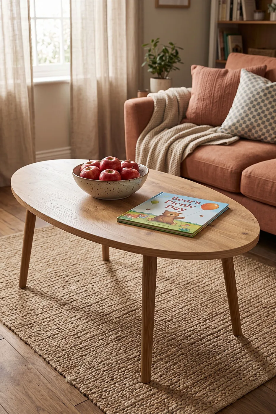 Ovaler Couchtisch mit gedrechselten Holzbeinen - Atlantik Kiefer