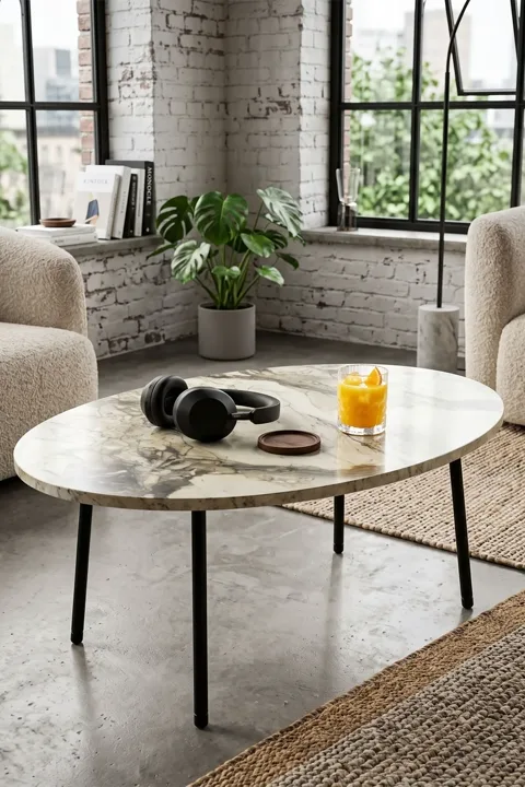 Tavolino da salotto ovale con gambe in metallo - effetto marmo bianco