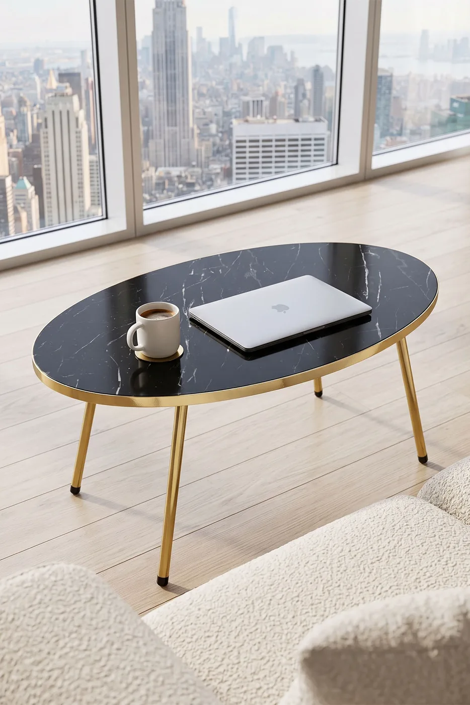 Oval Coffee Table Gold Metal Legs - Black Marble Effect