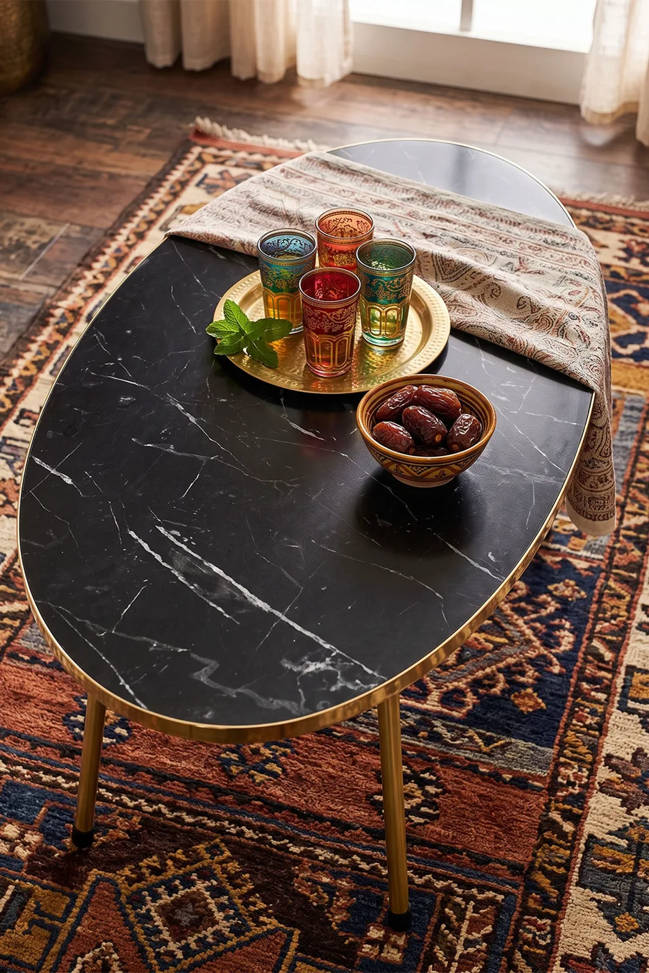 Oval Coffee Table Gold Metal Legs - Black Marble Effect