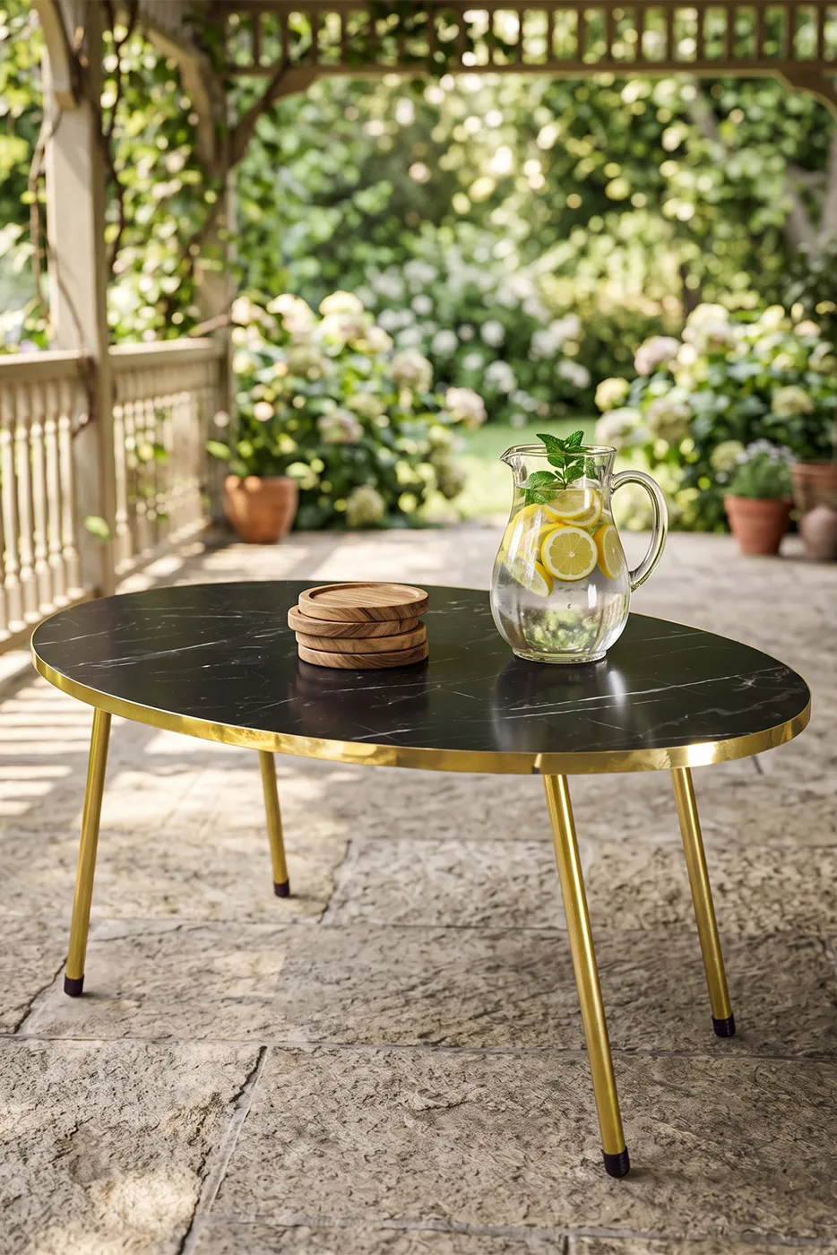 Oval Coffee Table Gold Metal Legs - Black Marble Effect