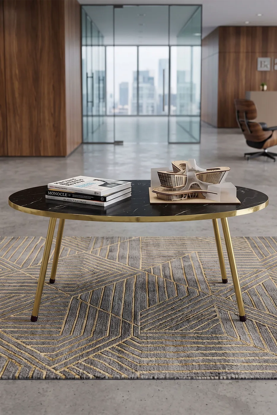 Oval Coffee Table Gold Metal Legs - Black Marble Effect