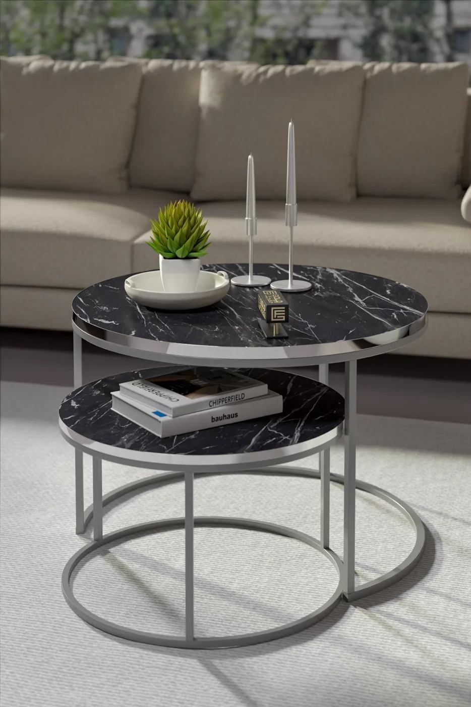 Special 2-Piece Round Coffee Table Set - Black Marble Effect
