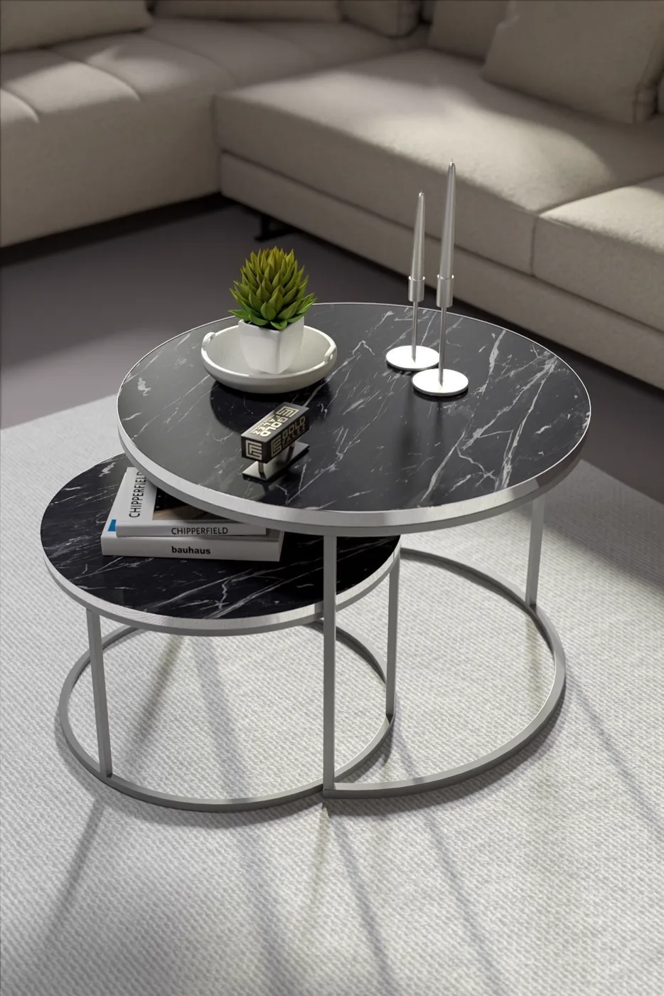 Special 2-Piece Round Coffee Table Set - Black Marble Effect