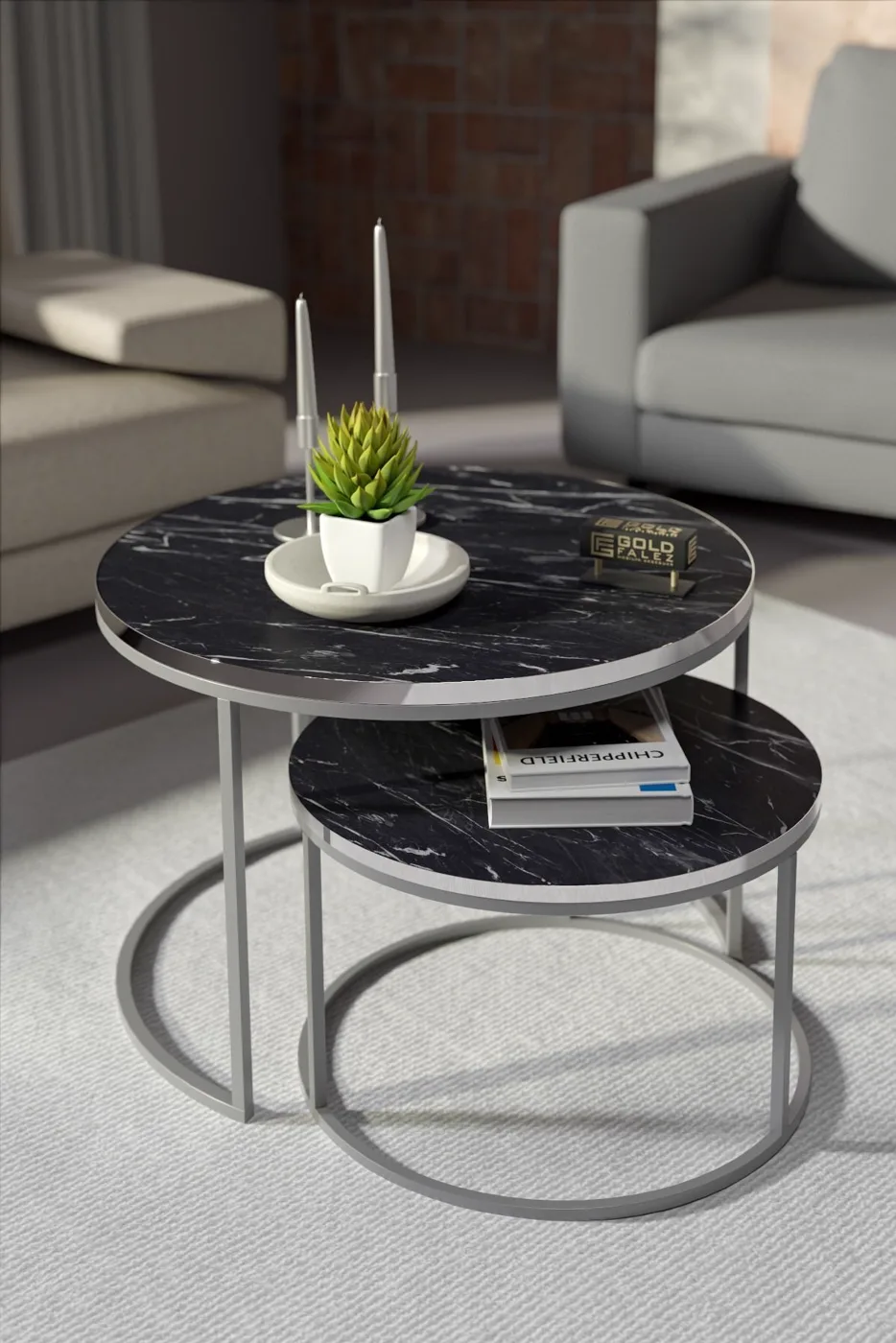 Special 2-Piece Round Coffee Table Set - Black Marble Effect