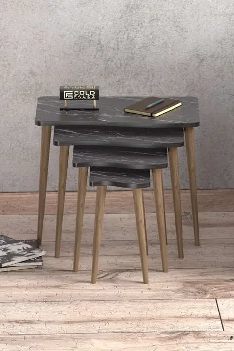 Turned Leg 4-Piece Square Nesting Table Set - Black Marble Effect