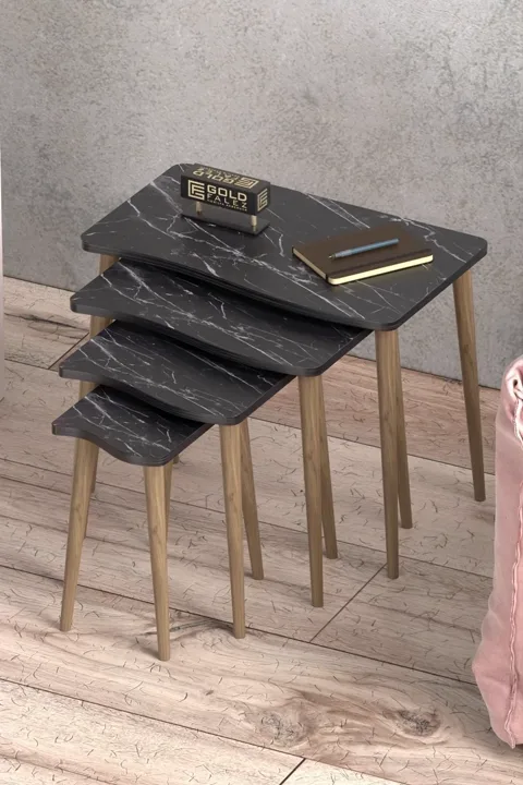Turned Leg 4-Piece Square Nesting Table Set - Black Marble Effect