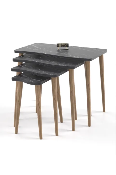 Turned Leg 4-Piece Square Nesting Table Set - Black Marble Effect