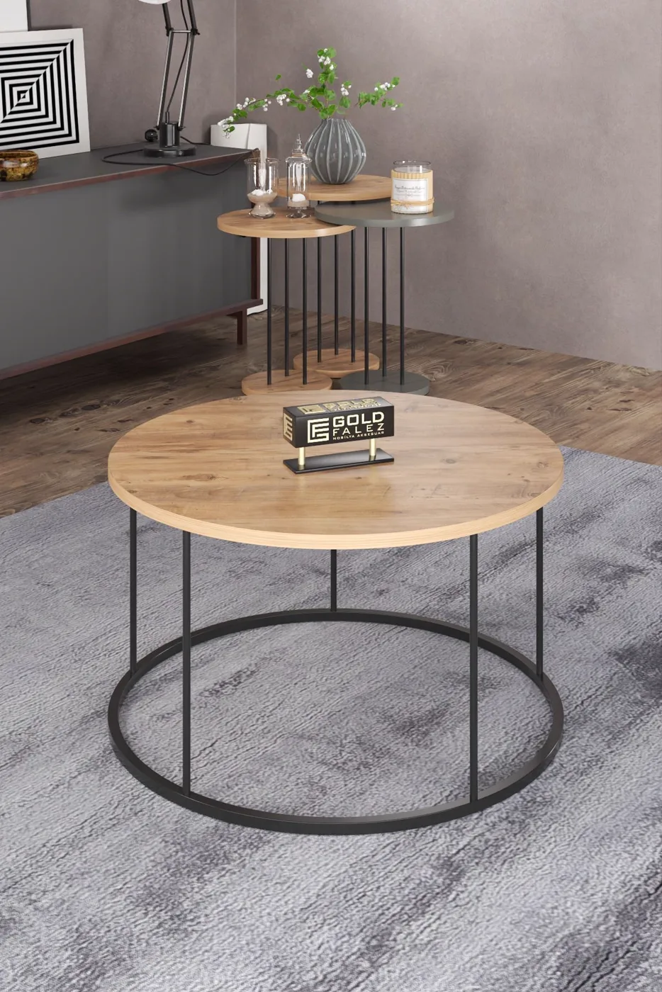 Terra Round Coffee & Nesting Table Set Black Metal Legs - Anthracite Walnut