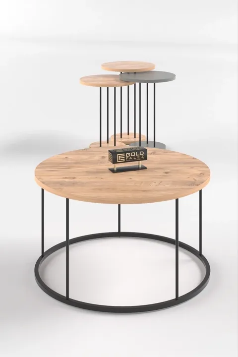 Terra Round Coffee & Nesting Table Set Black Metal Legs - Anthracite Walnut