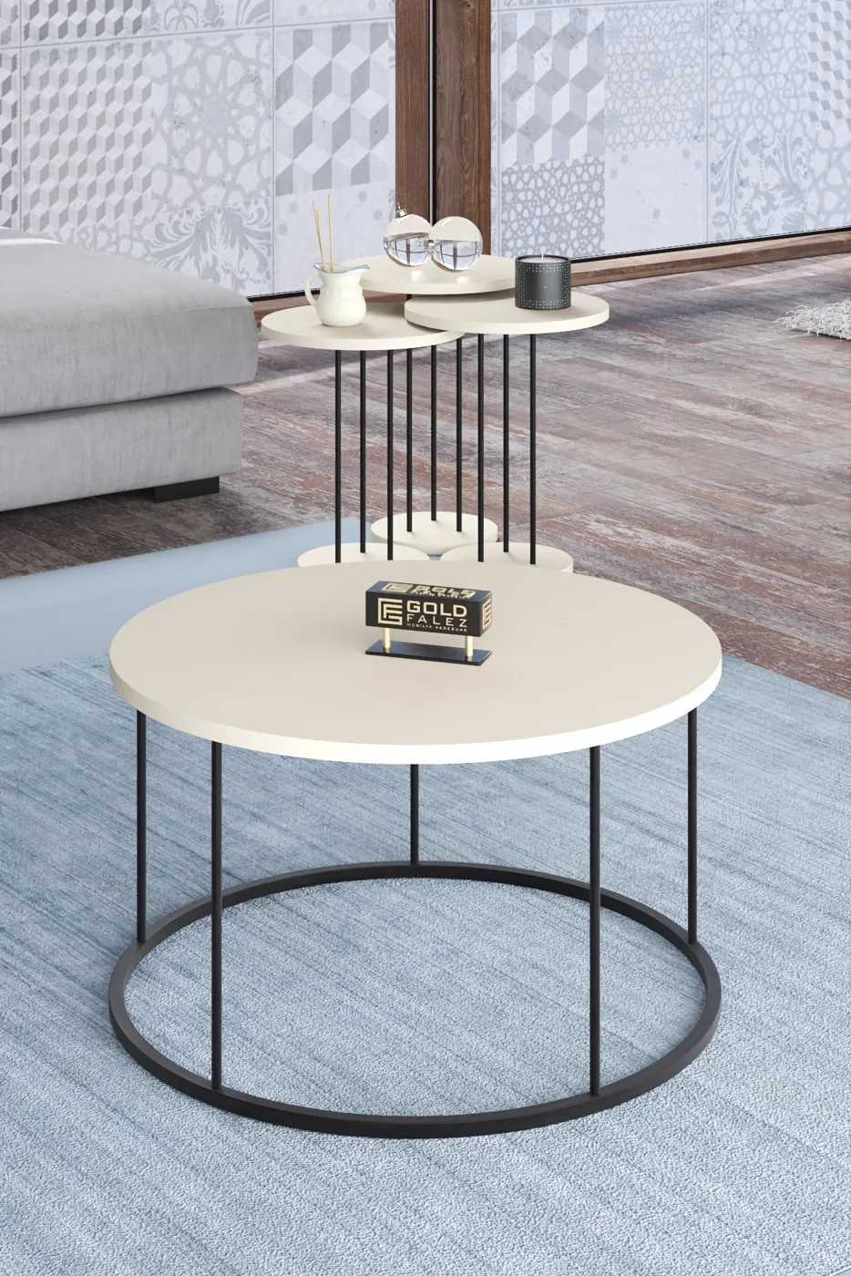 Terra Round Coffee & Nesting Table Set Black Metal Legs - Plain Cream