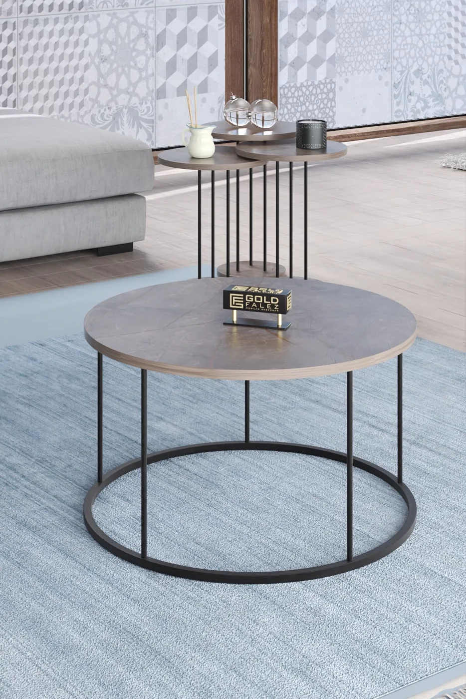Terra Round Coffee & Nesting Table Set Black Metal Legs - Plain Gordion