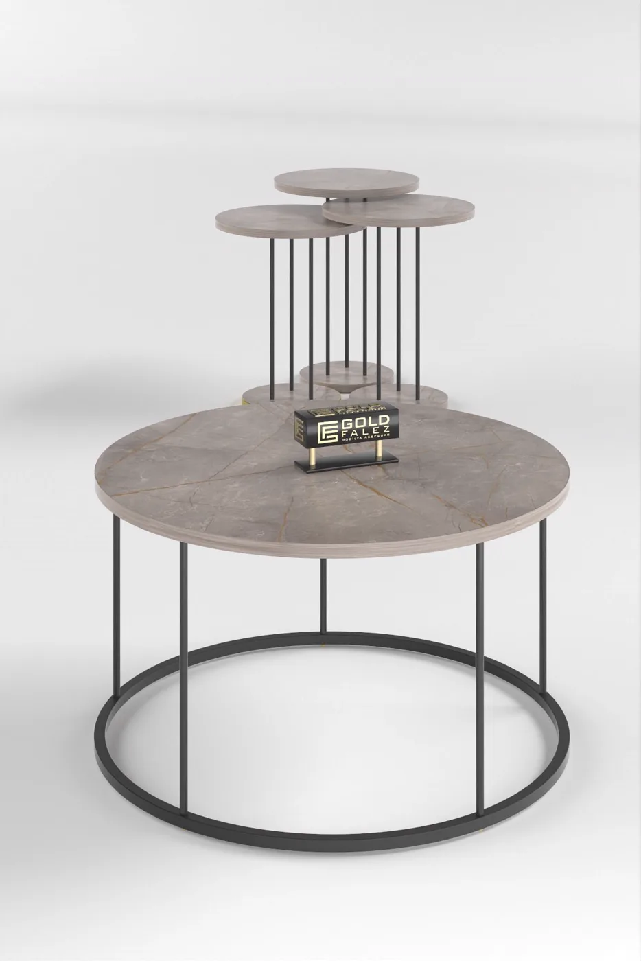 Terra ensemble table basse et tables gigognes rondes pieds en métal noir - plain Gordion