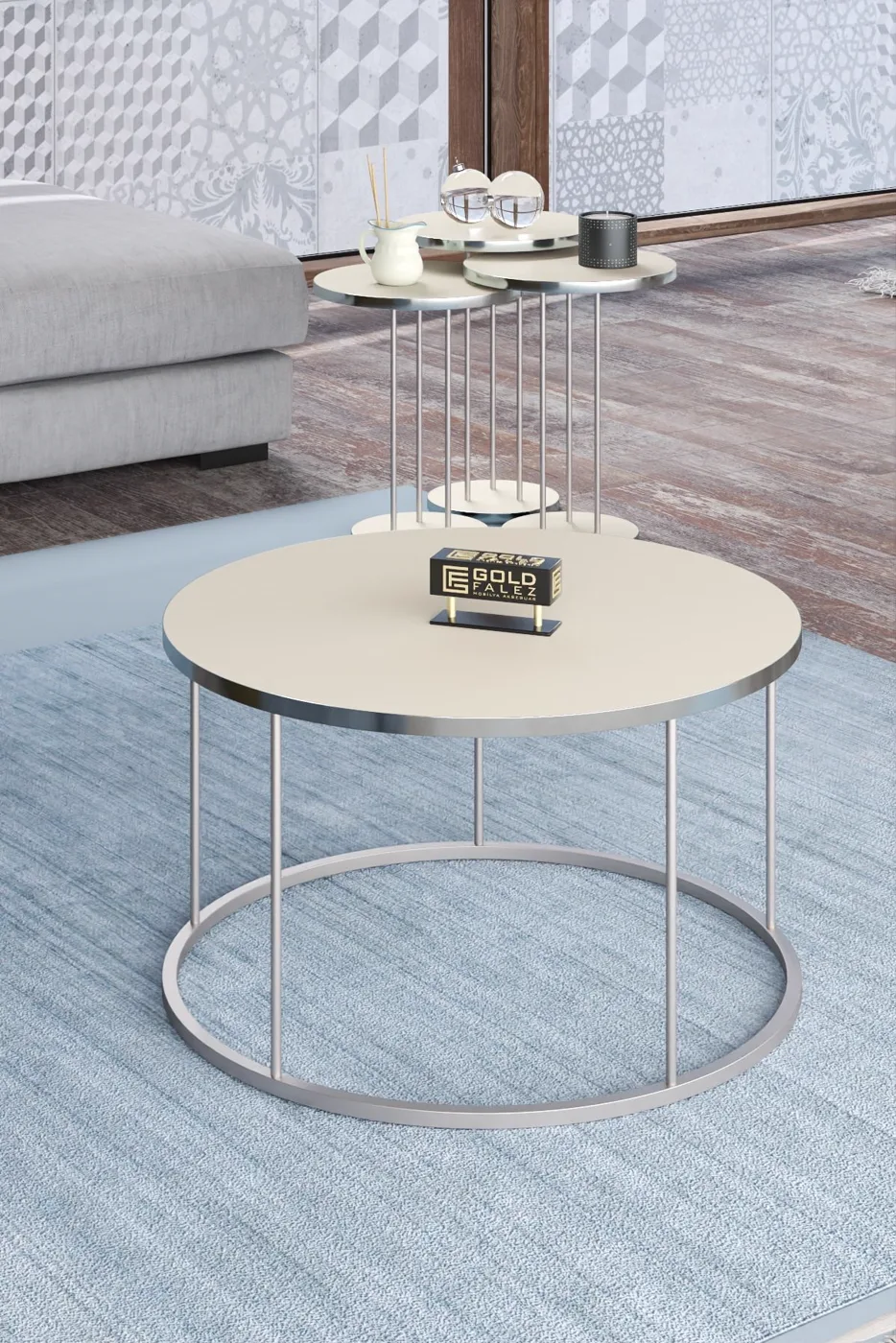 Terra Gold Round Coffee & Nesting Table Set - Silver Cream
