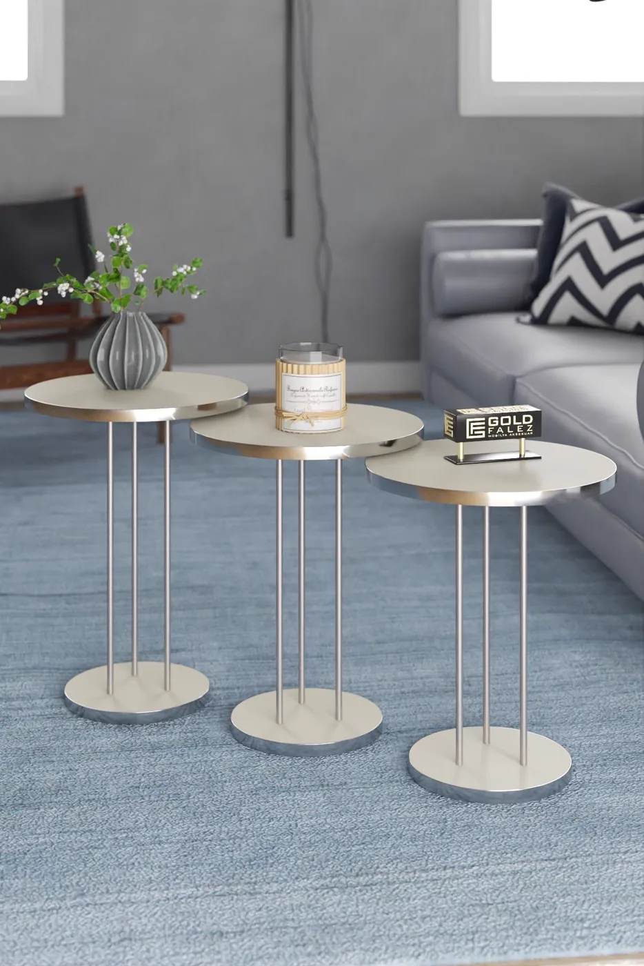 Terra Gold Round Coffee & Nesting Table Set - Silver Cream