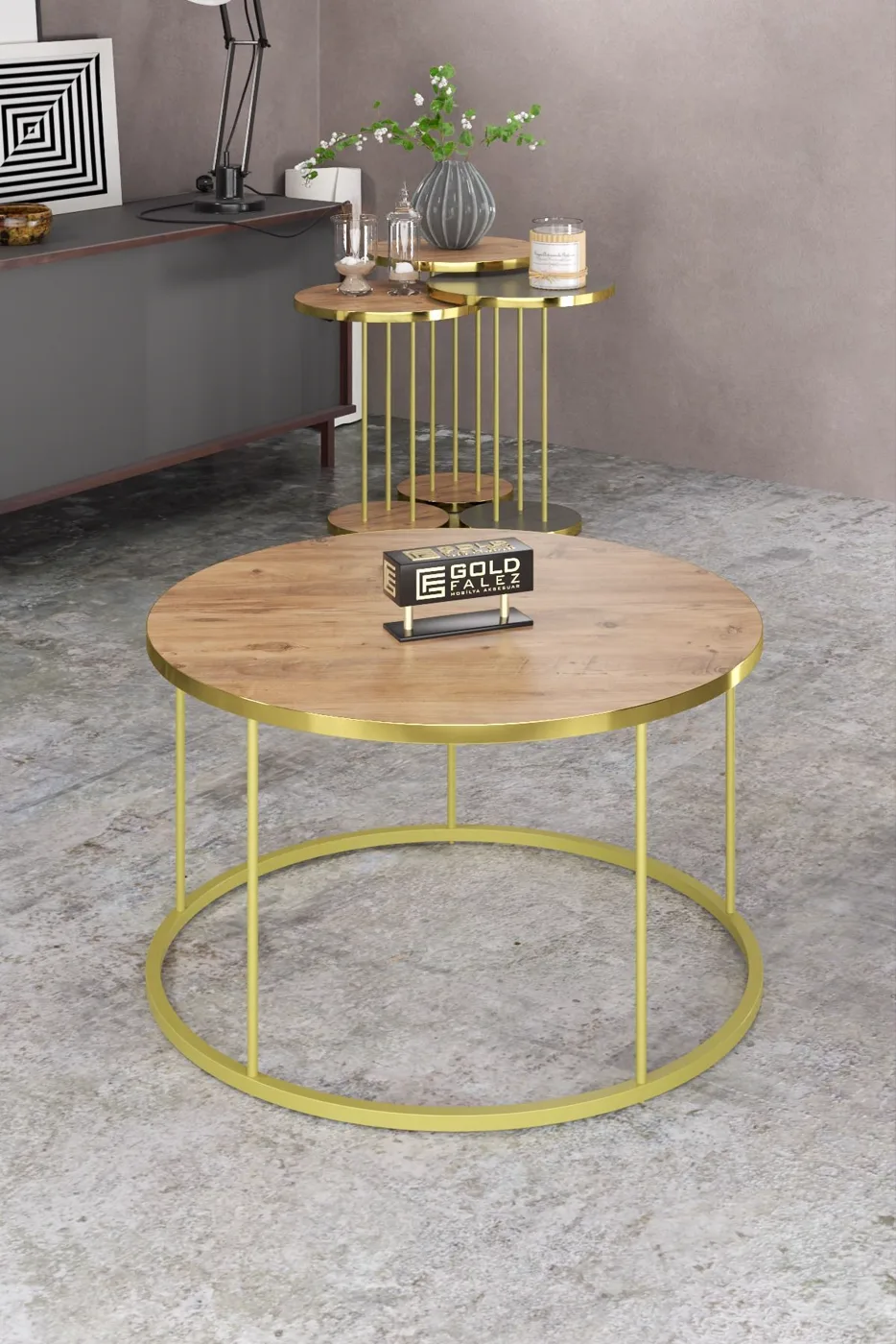 Terra Gold Round Coffee & Nesting Table Set - Gold Anthracite Walnut