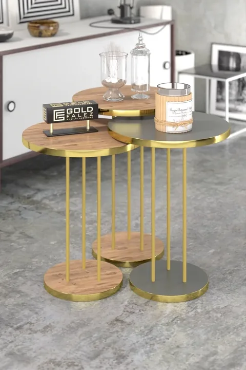 Terra Gold Round Coffee & Nesting Table Set - Gold Anthracite Walnut
