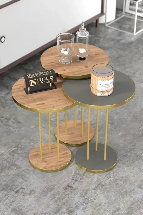 Terra Gold Round Coffee & Nesting Table Set - Gold Anthracite Walnut