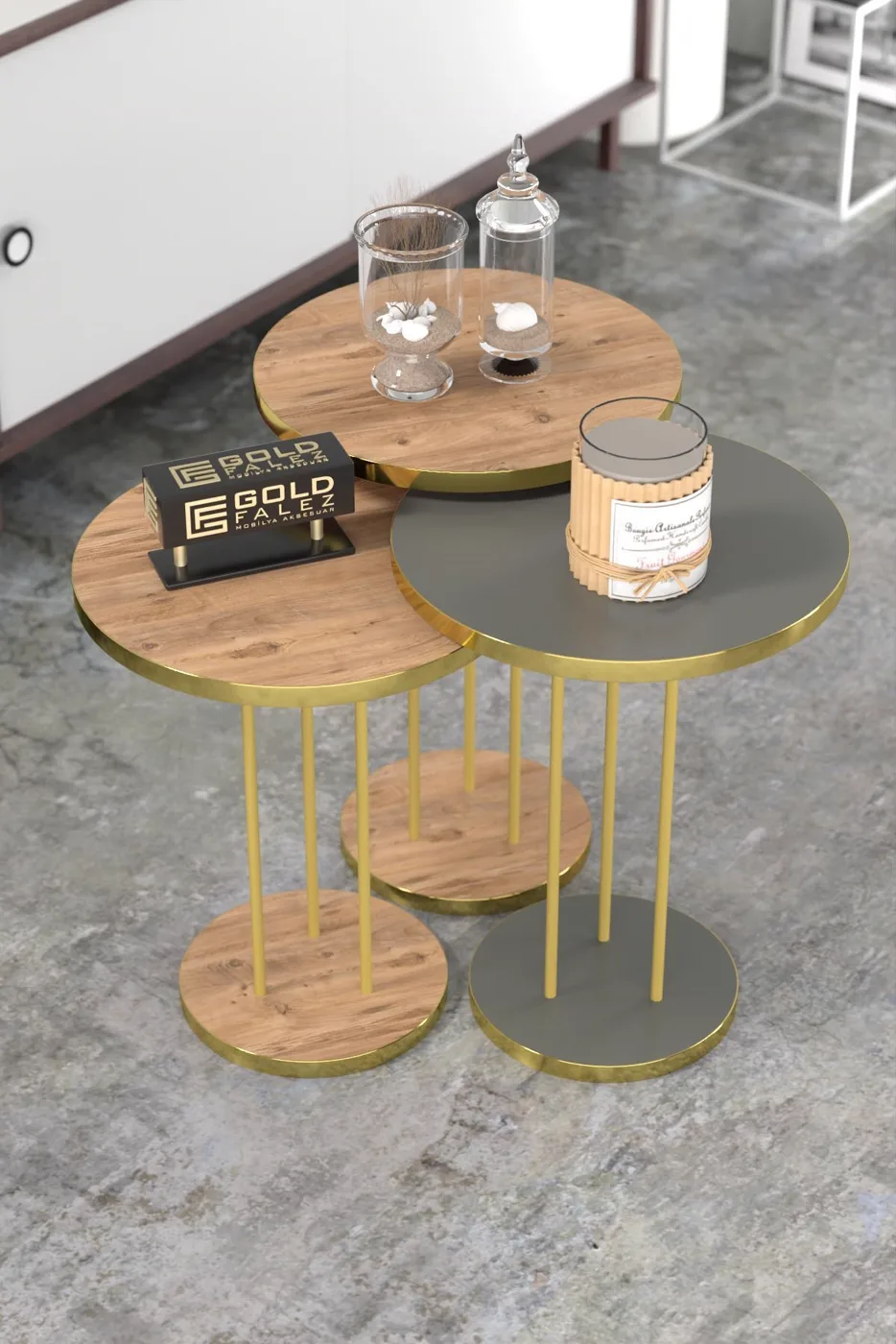 Terra Gold Round Coffee & Nesting Table Set - Gold Anthracite Walnut