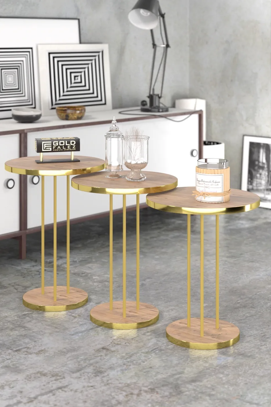 Terra Gold Round Coffee & Nesting Table Set - Gold Anthracite Walnut