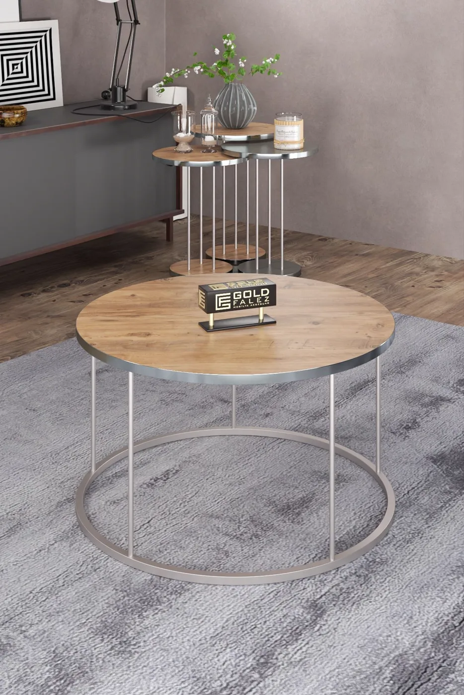 Terra Gold Round Coffee & Nesting Table Set - Silver Walnut Anthracite
