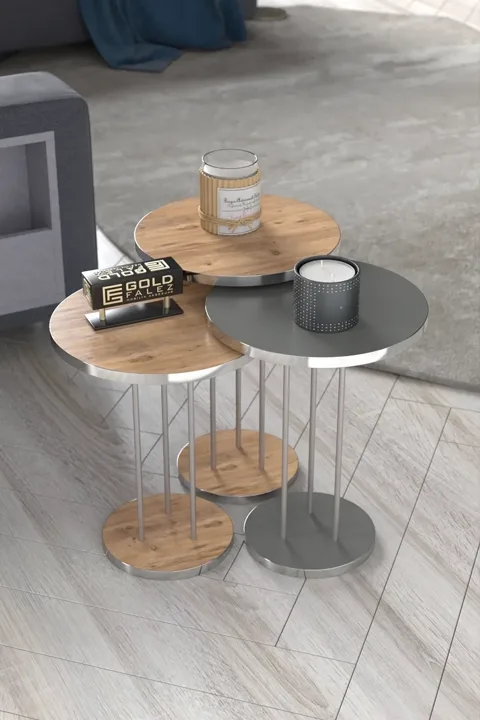 Terra Gold Round Coffee & Nesting Table Set - Silver Walnut Anthracite