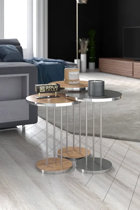 Terra Gold Round Coffee & Nesting Table Set - Silver Walnut Anthracite