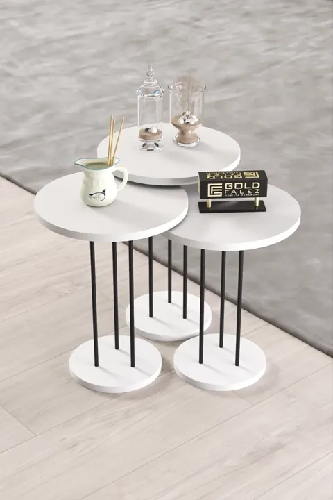 Terra Round Coffee & Nesting Table Set Black Metal Legs - White