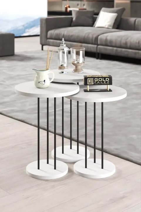 Terra Round Coffee & Nesting Table Set Black Metal Legs - White